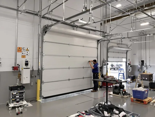 Commercial garage door repair being performed by Lake Elsinore Garage Door Repair expert in Lake Elsinore