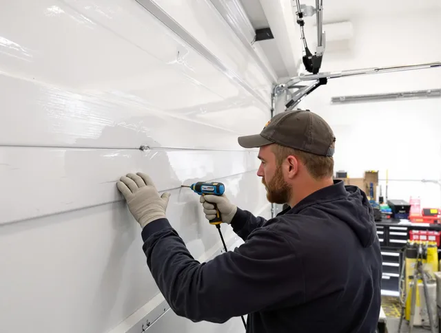 Lake Elsinore Garage Door Repair technician demonstrating precision dent removal techniques on a Lake Elsinore garage door